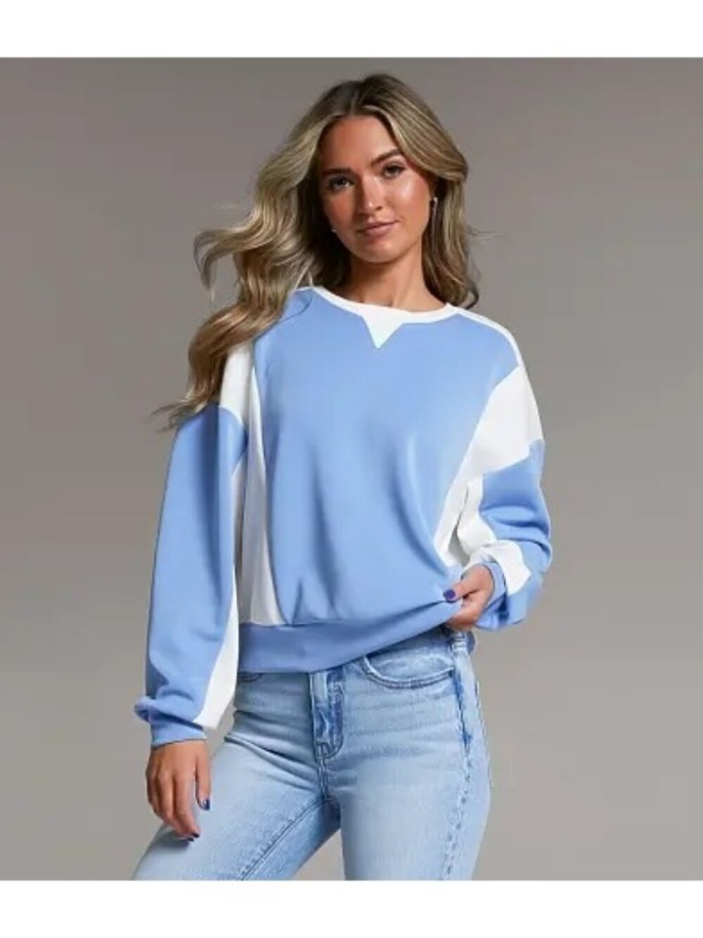 BKE size Small Color Block Cropped Pullover Long Sleeve top Blue & White NEW